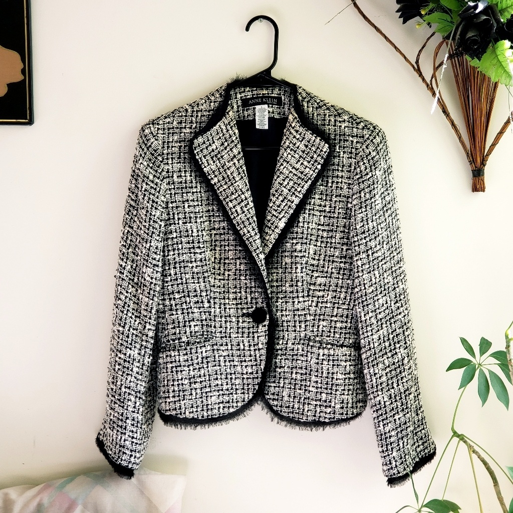 Rare Ann Klein New York Fringe Trim Cotton Blend Tweed Jacket
